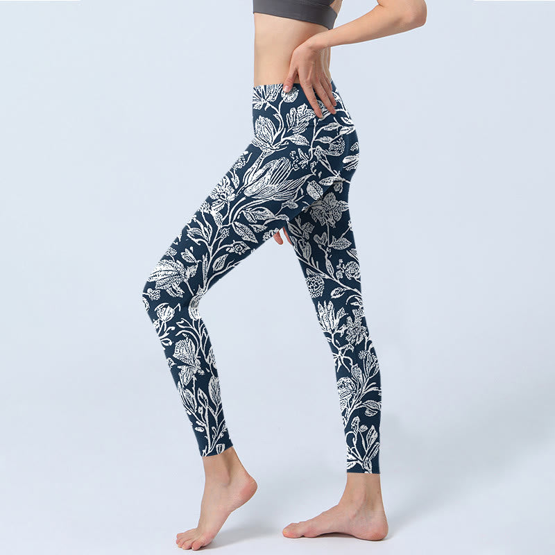 Leggings fitness con stampa floreale blu scuro Buddha Stones Pantaloni da yoga da donna - image 3