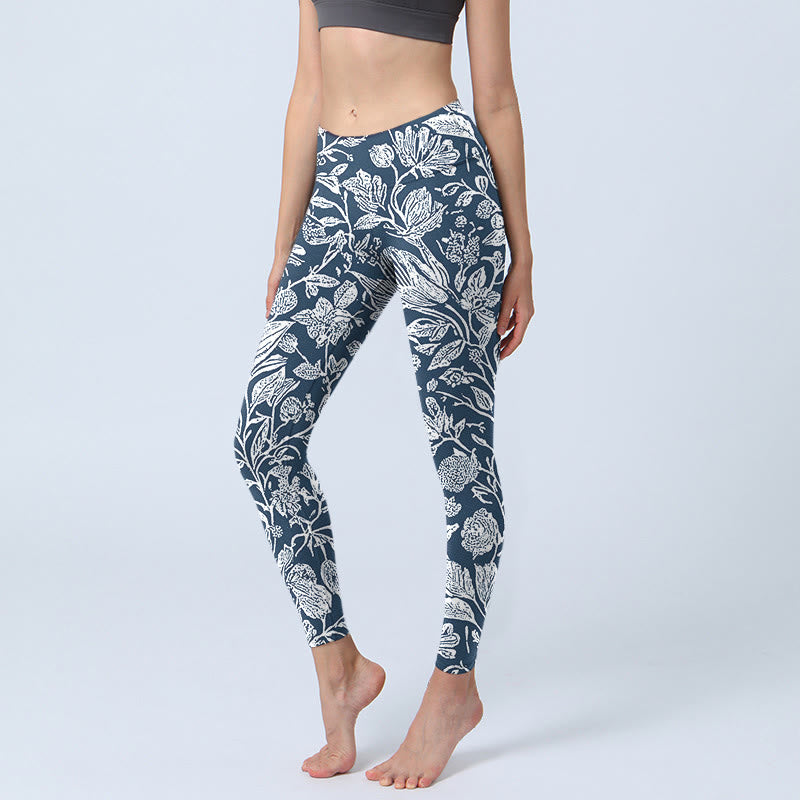 Leggings fitness con stampa floreale blu scuro Buddha Stones Pantaloni da yoga da donna - SteelBlue - US18, UK/AU22, EU50 (4XL) - image 1