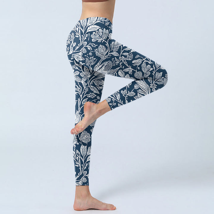 Leggings fitness con stampa floreale blu scuro Buddha Stones Pantaloni da yoga da donna - image 4
