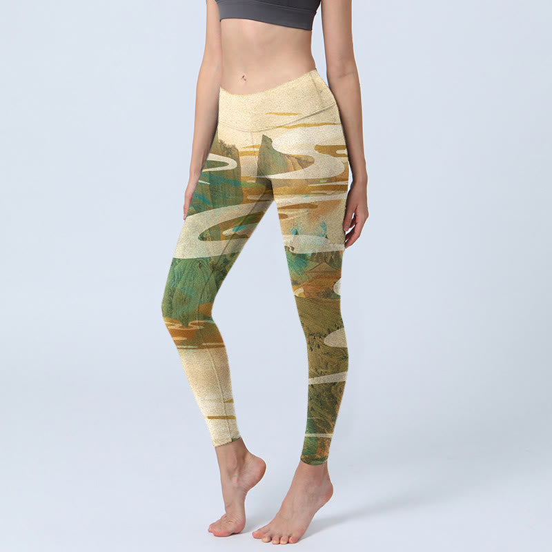 Leggings fitness con stampa Buddha Stones Green Mountains Clouds Mist Pantaloni da yoga da donna - LemonChiffon - US18, UK/AU22, EU50 (4XL) - image 1