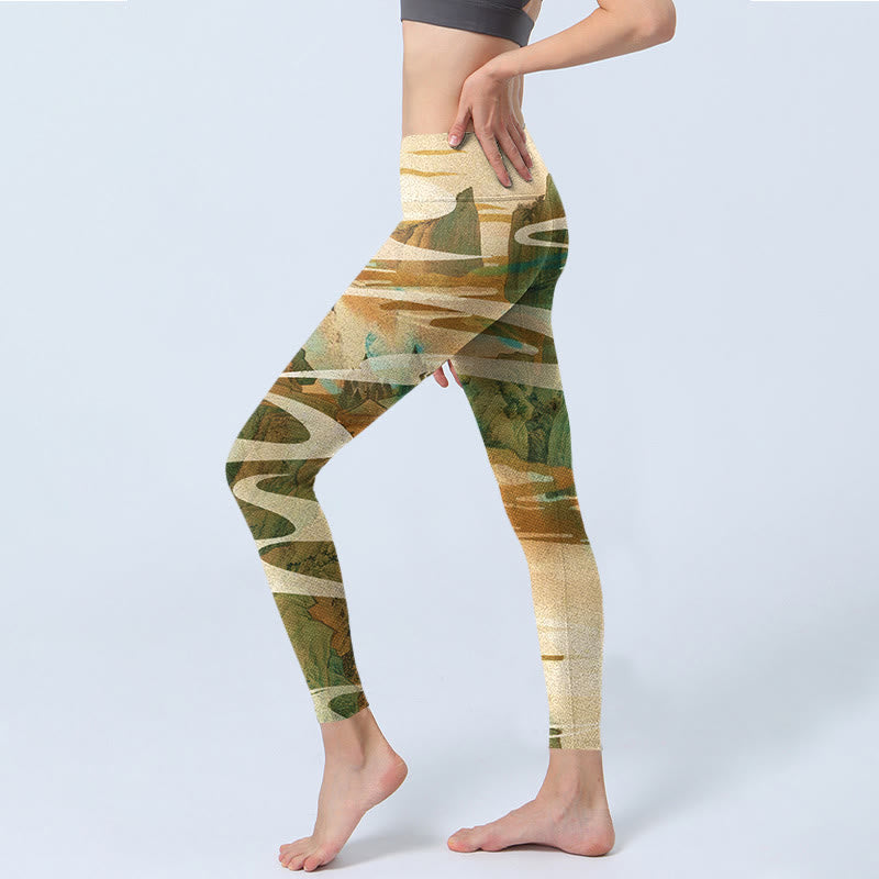 Leggings fitness con stampa Buddha Stones Green Mountains Clouds Mist Pantaloni da yoga da donna - image 4