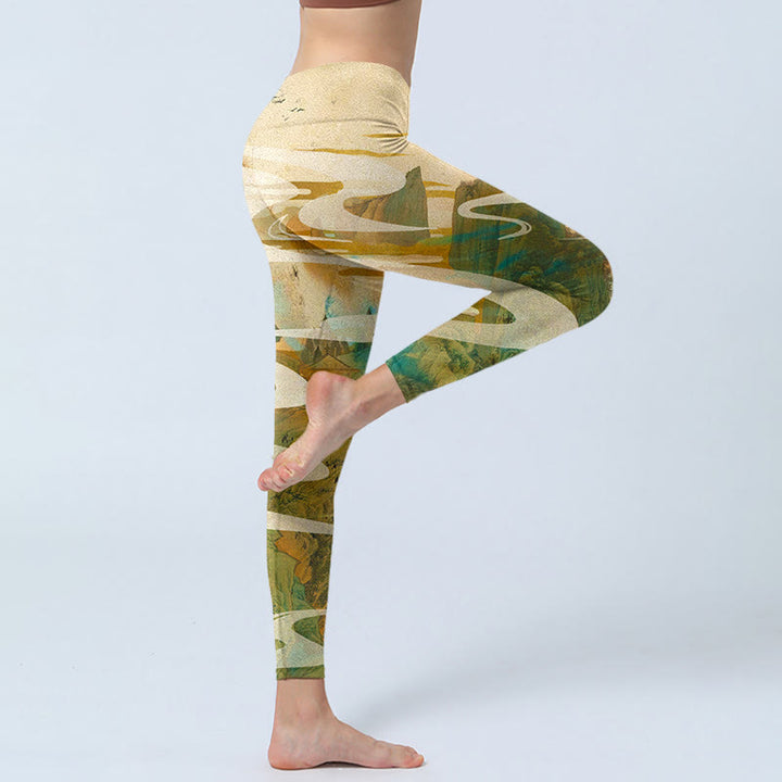 Leggings fitness con stampa Buddha Stones Green Mountains Clouds Mist Pantaloni da yoga da donna - image 3
