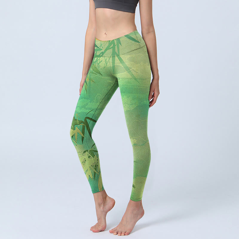 Leggings da palestra con stampa Buddha Stones Green Bamboo Pavilion, pantaloni da yoga da donna - Verde pallido - US18, UK/AU22, EU50 (4XL) - image 1