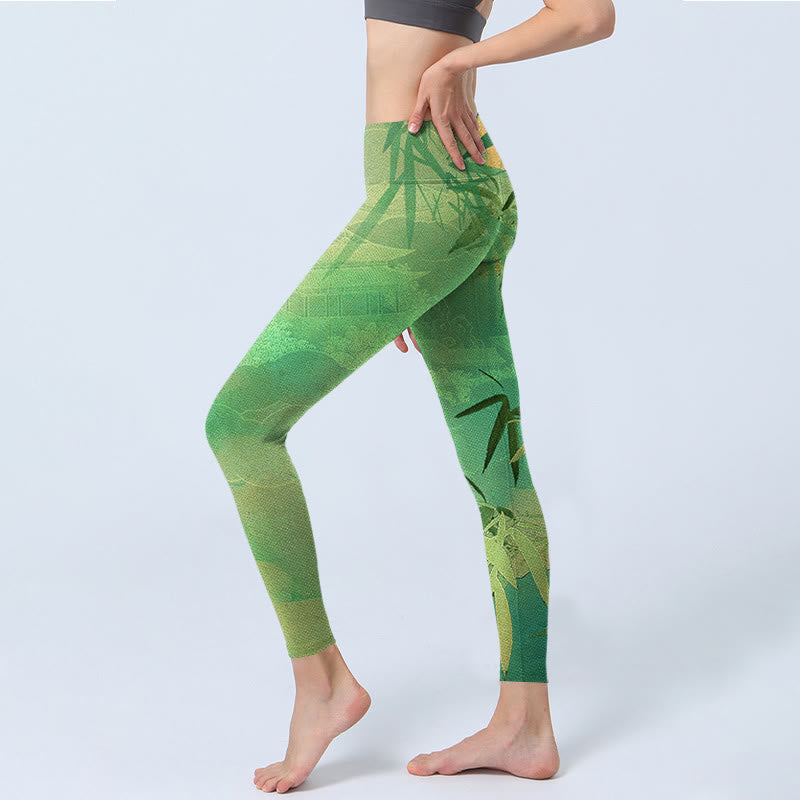 Leggings da palestra con stampa Buddha Stones Green Bamboo Pavilion, pantaloni da yoga da donna - image 4