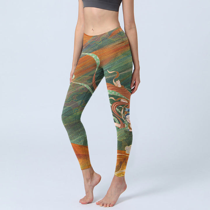 Leggings da palestra con stampa Buddha Stones Dunhuang Flying Apsaras, pantaloni da yoga da donna - Verde oliva - US18, UK/AU22, EU50 (4XL) - image 1