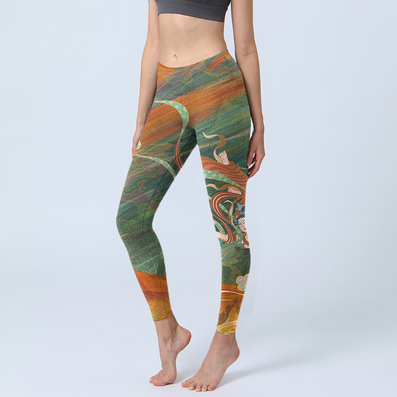 Leggings da palestra con stampa Buddha Stones Dunhuang Flying Apsaras, pantaloni da yoga da donna - Verde oliva - US18, UK/AU22, EU50 (4XL) - image 0