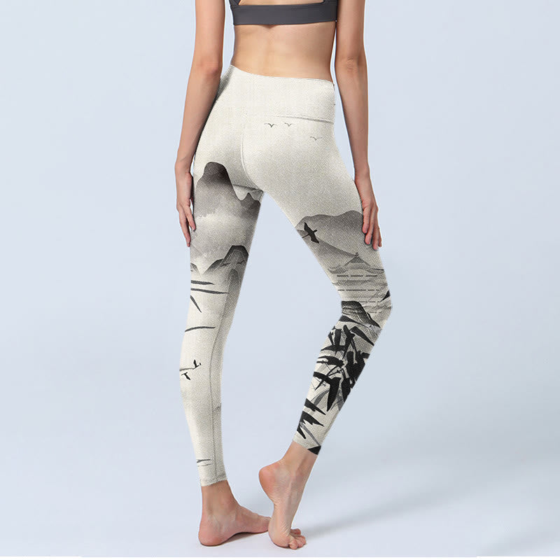 Leggings da palestra con stampa Buddha Stones Ink Bamboo Mountains Pantaloni da yoga da donna - image 4