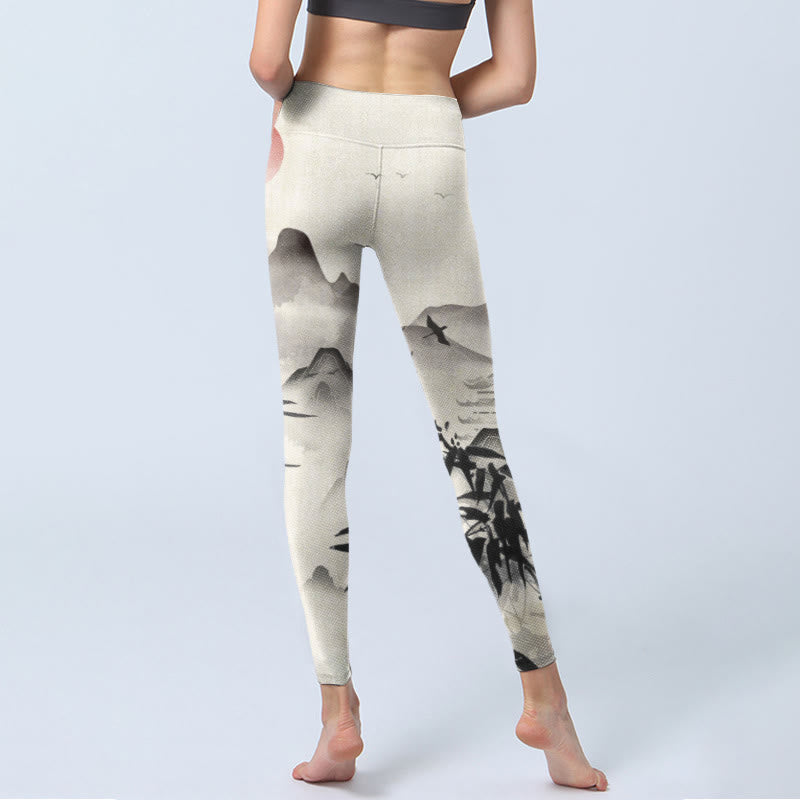Leggings da palestra con stampa Buddha Stones Ink Bamboo Mountains Pantaloni da yoga da donna - image 7