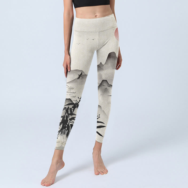 Leggings da palestra con stampa Buddha Stones Ink Bamboo Mountains Pantaloni da yoga da donna - image 5