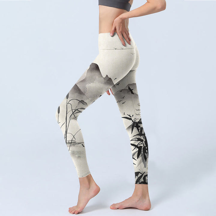 Leggings da palestra con stampa Buddha Stones Ink Bamboo Mountains Pantaloni da yoga da donna - image 3