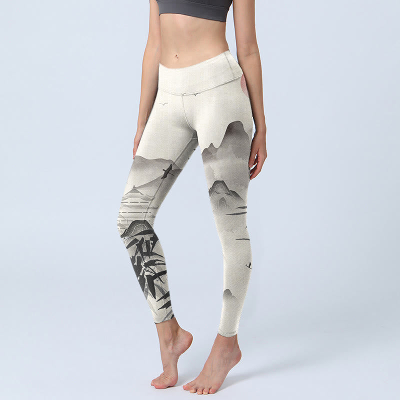 Leggings da palestra con stampa Buddha Stones Ink Bamboo Mountains Pantaloni da yoga da donna - Avorio - US18, UK/AU22, EU50 (4XL) - image 0