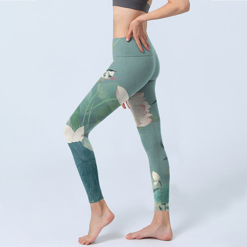 Leggings da palestra con stampa di foglie di loto e Buddha Stones, pantaloni da yoga da donna - image 2