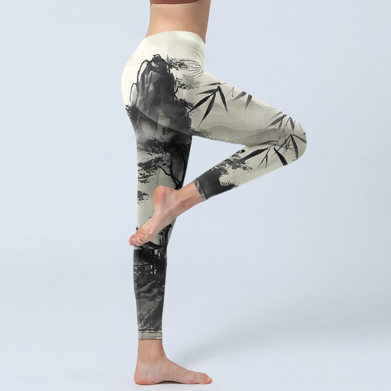 Leggings da palestra con stampa Buddha Stones Ink Bamboo Pine Mountains Pantaloni da yoga da donna - image 3