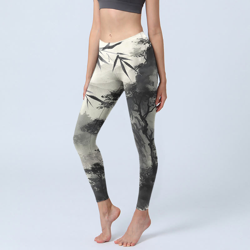 Leggings da palestra con stampa Buddha Stones Ink Bamboo Pine Mountains Pantaloni da yoga da donna - Grigio chiaro - US18, UK/AU22, EU50 (4XL) - image 1