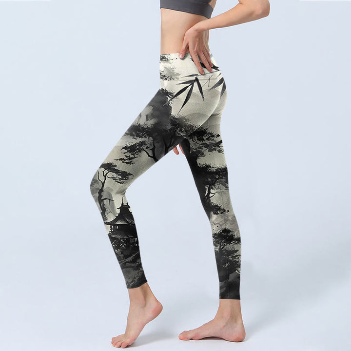 Leggings da palestra con stampa Buddha Stones Ink Bamboo Pine Mountains Pantaloni da yoga da donna - image 3