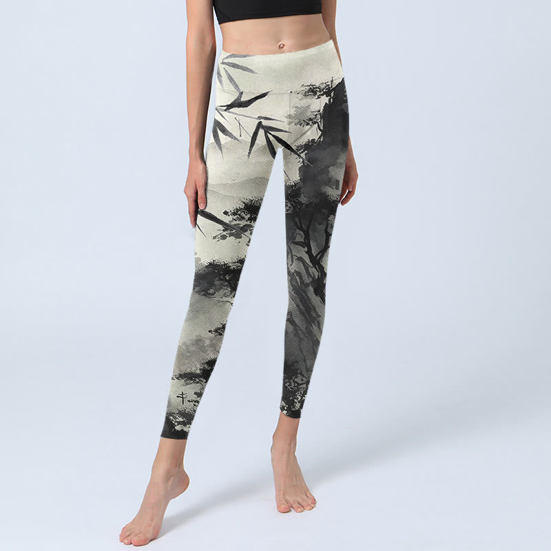 Leggings da palestra con stampa Buddha Stones Ink Bamboo Pine Mountains Pantaloni da yoga da donna - image 5