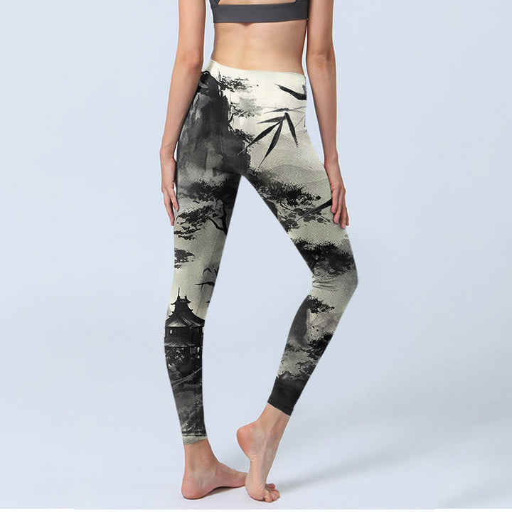 Leggings da palestra con stampa Buddha Stones Ink Bamboo Pine Mountains Pantaloni da yoga da donna - image 4