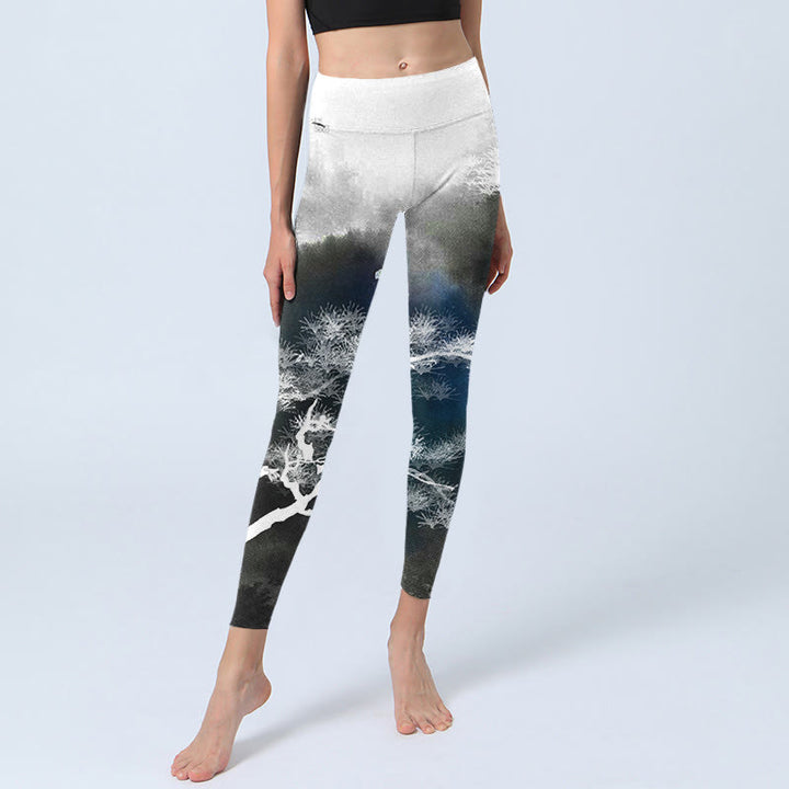 Leggings da palestra con stampa di albero di pino e pittura a inchiostro Buddha Stones, pantaloni da yoga da donna - image 6