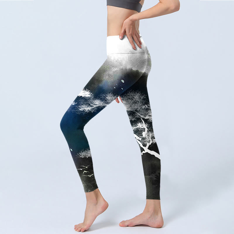 Leggings da palestra con stampa di albero di pino e pittura a inchiostro Buddha Stones, pantaloni da yoga da donna - image 3