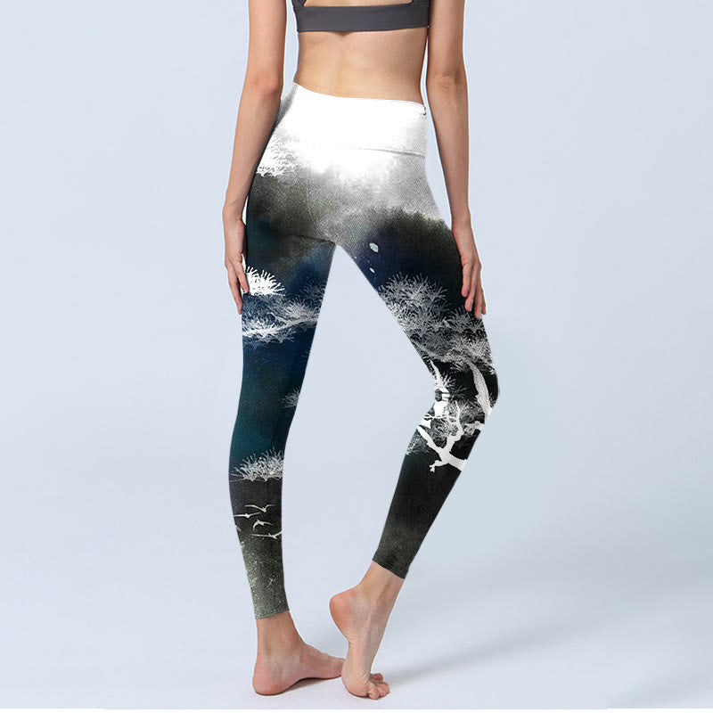 Leggings da palestra con stampa di albero di pino e pittura a inchiostro Buddha Stones, pantaloni da yoga da donna - image 5