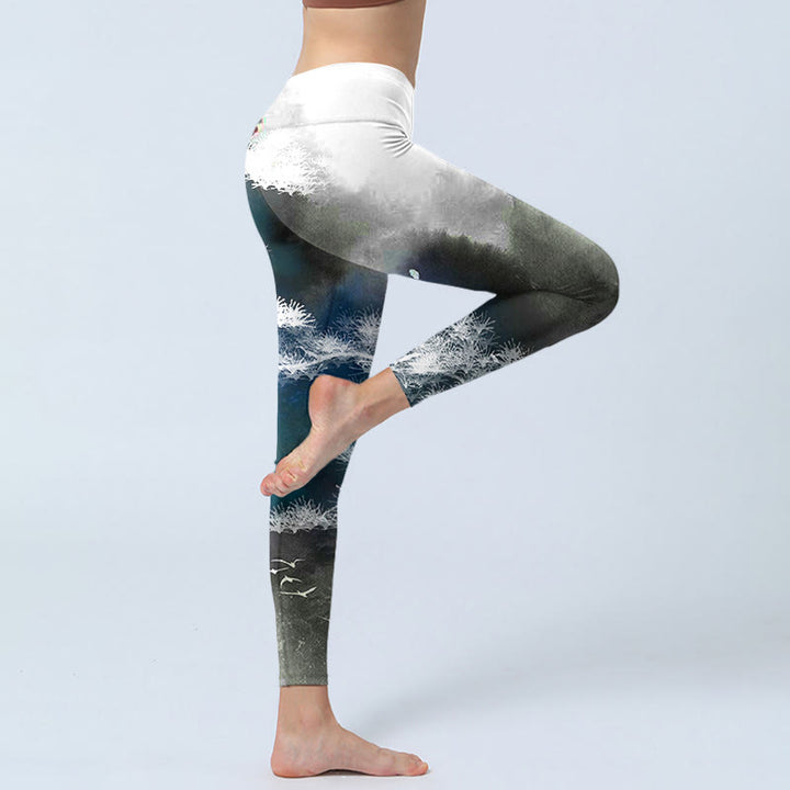 Leggings da palestra con stampa di albero di pino e pittura a inchiostro Buddha Stones, pantaloni da yoga da donna - image 3