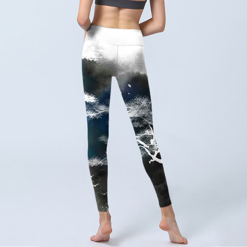 Leggings da palestra con stampa di albero di pino e pittura a inchiostro Buddha Stones, pantaloni da yoga da donna - image 7