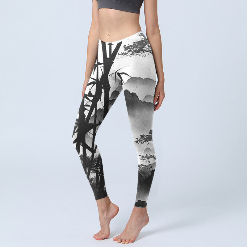 Buddha Stones Pittura a inchiostro Bambù Pino Montagna Paesaggio Stampa Leggings da palestra Pantaloni da yoga da donna - Grigio scuro - US18, UK/AU22, EU50 (4XL) - image 1