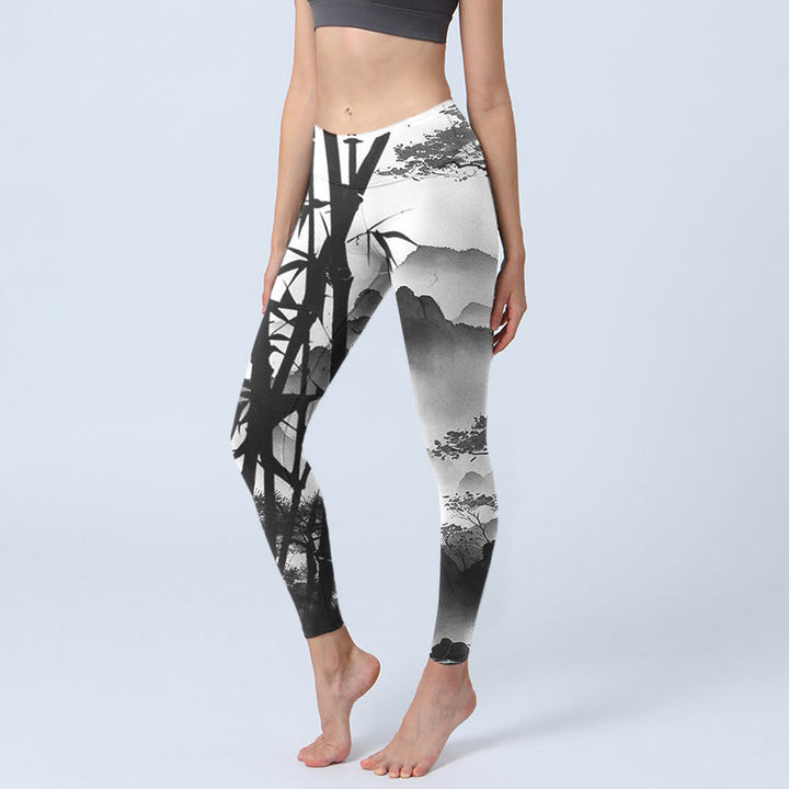 Buddha Stones Pittura a inchiostro Bambù Pino Montagna Paesaggio Stampa Leggings da palestra Pantaloni da yoga da donna - Grigio scuro - US18, UK/AU22, EU50 (4XL) - image 1