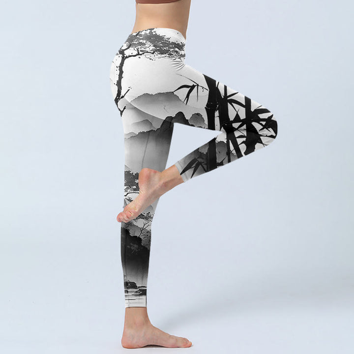 Buddha Stones Pittura a inchiostro Bambù Pino Montagna Paesaggio Stampa Leggings da palestra Pantaloni da yoga da donna - image 3