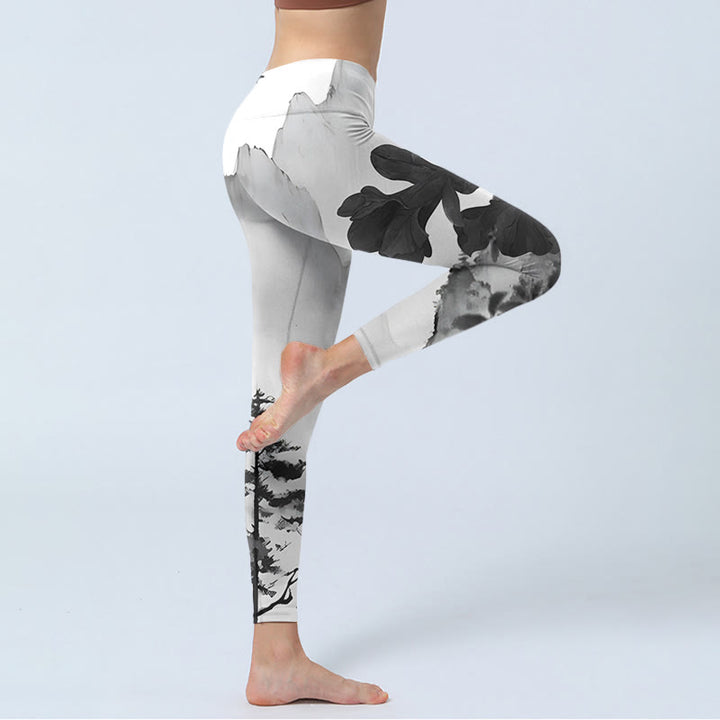 Buddha Stones Pittura a inchiostro Alberi Montagne Paesaggio Stampa Leggings da palestra Pantaloni da yoga da donna - image 4