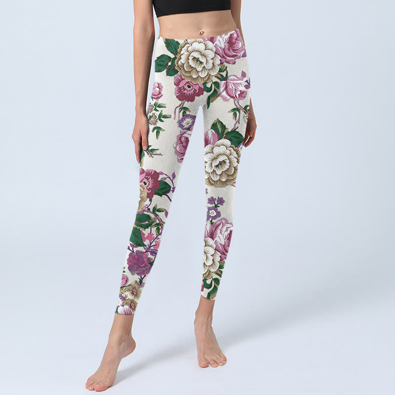 Leggings sportivi con stampa di fiori di peonia rossa e bianca Buddha Stones Pantaloni da yoga da donna - image 6