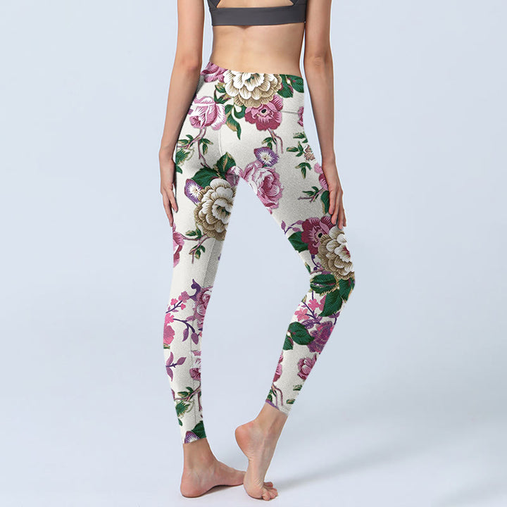 Leggings sportivi con stampa di fiori di peonia rossa e bianca Buddha Stones Pantaloni da yoga da donna - image 5
