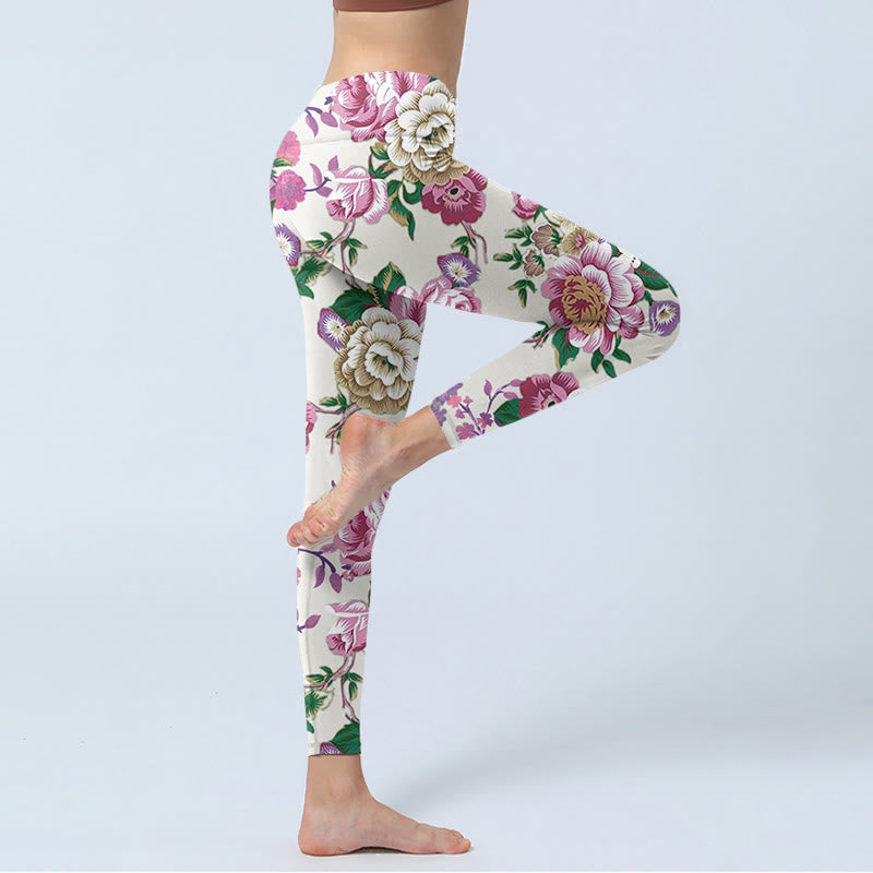 Leggings sportivi con stampa di fiori di peonia rossa e bianca Buddha Stones Pantaloni da yoga da donna - image 4