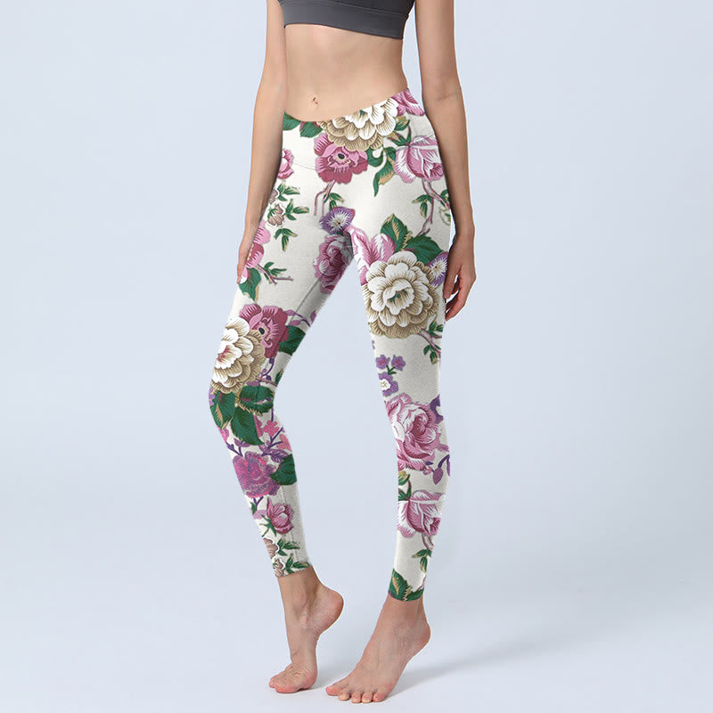 Leggings sportivi con stampa di fiori di peonia rossa e bianca Buddha Stones Pantaloni da yoga da donna - Conchiglia - US18, UK/AU22, EU50 (4XL) - image 1