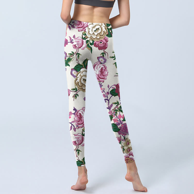 Leggings sportivi con stampa di fiori di peonia rossa e bianca Buddha Stones Pantaloni da yoga da donna - image 7