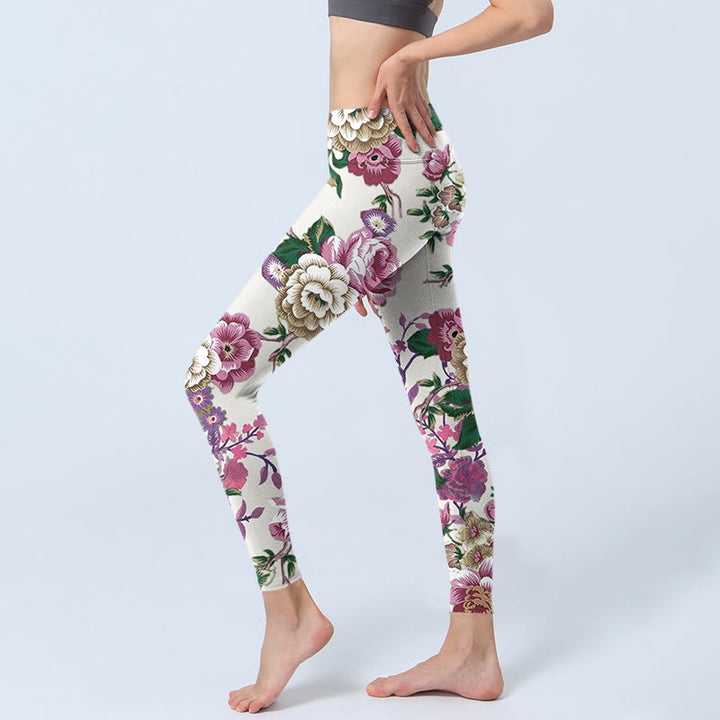 Leggings sportivi con stampa di fiori di peonia rossa e bianca Buddha Stones Pantaloni da yoga da donna - image 3
