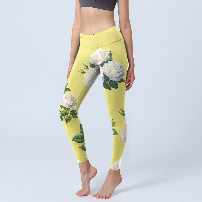 Leggings sportivi con stampa di rose gialle e bianche Buddha Stones, pantaloni da yoga da donna - Giallo - US18, UK/AU22, EU50 (4XL) - image 0