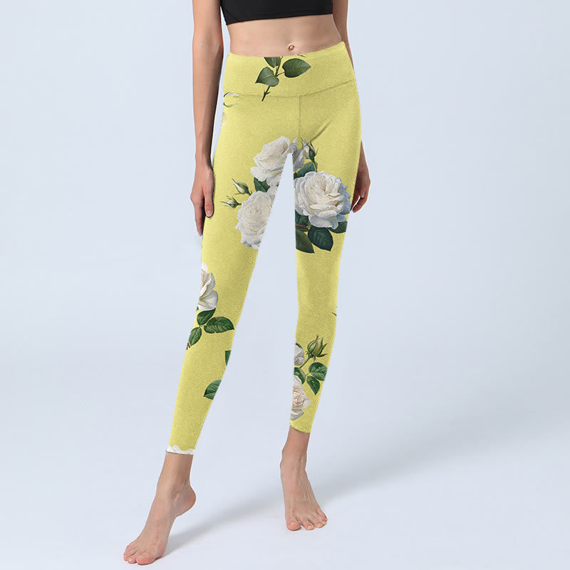 Leggings sportivi con stampa di rose gialle e bianche Buddha Stones, pantaloni da yoga da donna - image 6