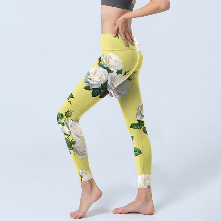 Leggings sportivi con stampa di rose gialle e bianche Buddha Stones, pantaloni da yoga da donna - image 3