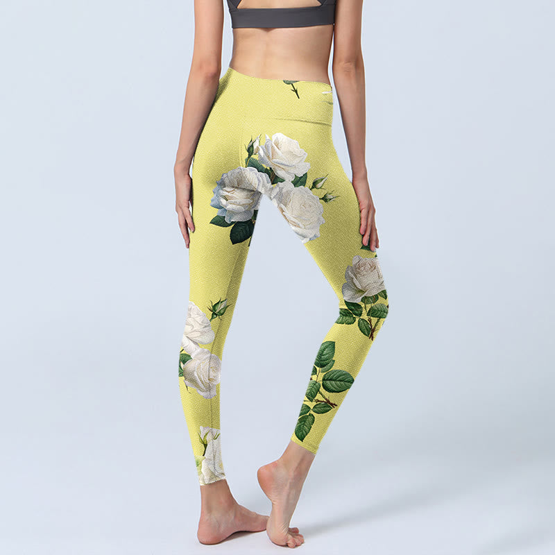 Leggings sportivi con stampa di rose gialle e bianche Buddha Stones, pantaloni da yoga da donna - image 5