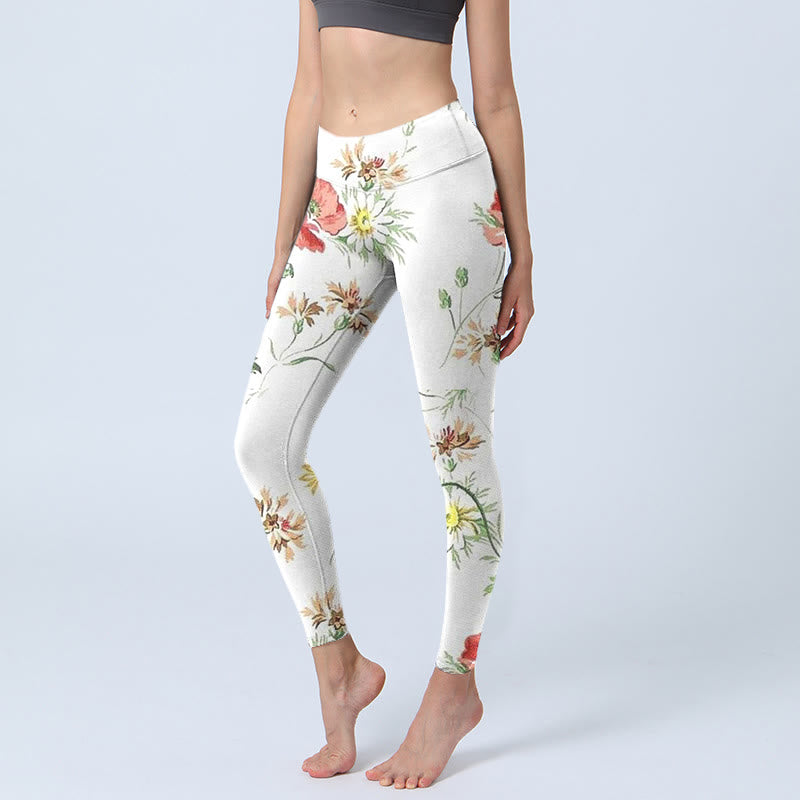 Leggings sportivi con stampa di fiori rossi e margherite bianche Buddha Stones Pantaloni da yoga da donna - Avorio - US18, UK/AU22, EU50 (4XL) - image 1