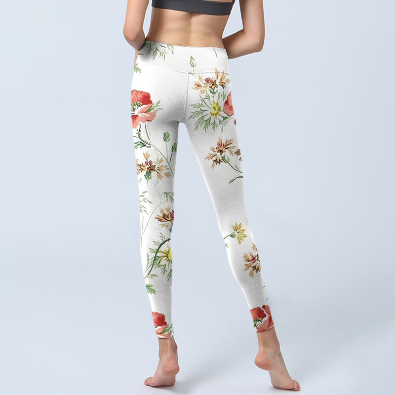 Leggings sportivi con stampa di fiori rossi e margherite bianche Buddha Stones Pantaloni da yoga da donna - image 6