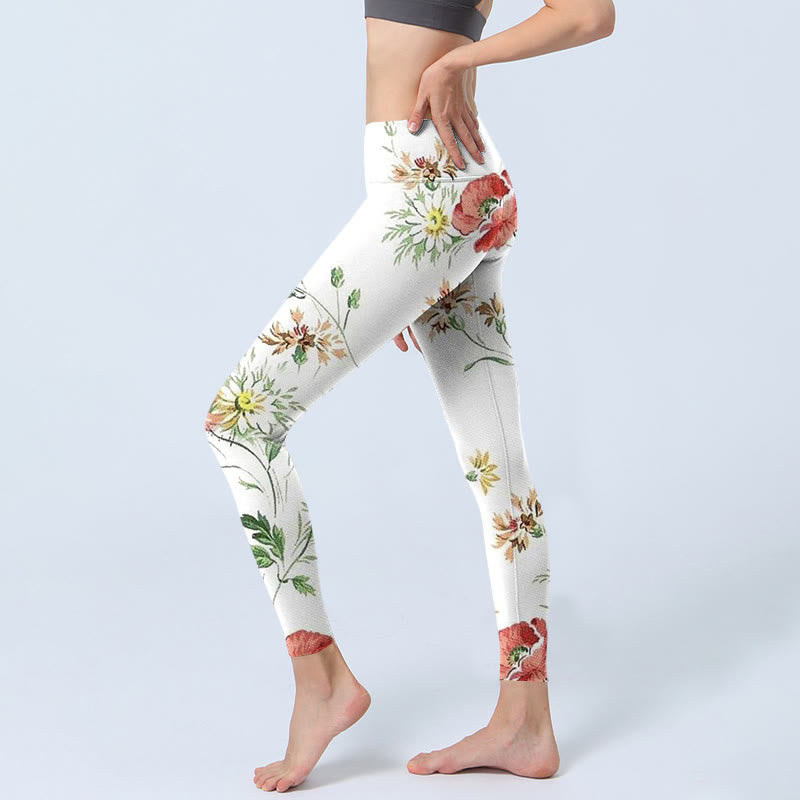 Leggings sportivi con stampa di fiori rossi e margherite bianche Buddha Stones Pantaloni da yoga da donna - image 3
