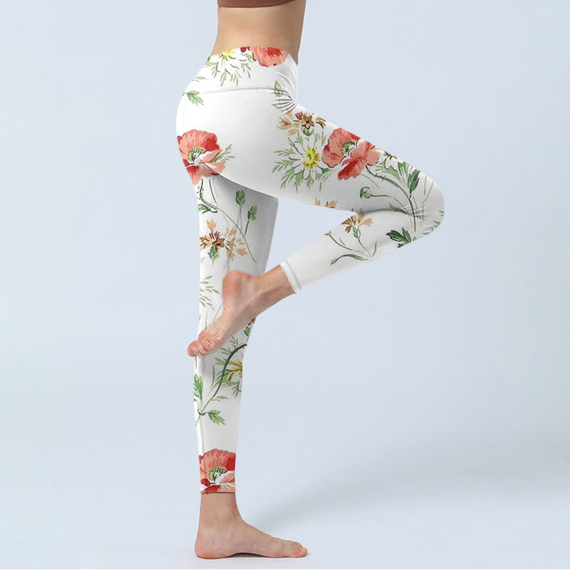 Leggings sportivi con stampa di fiori rossi e margherite bianche Buddha Stones Pantaloni da yoga da donna - image 3