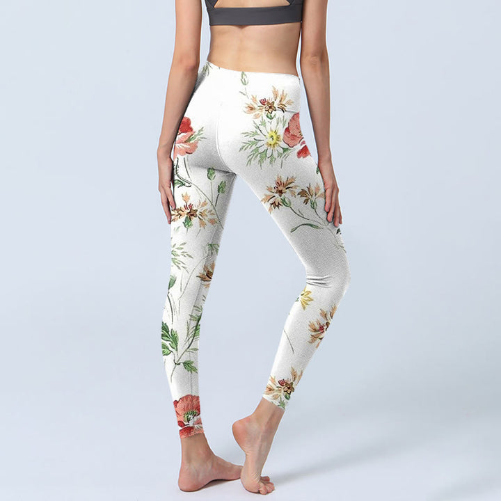 Leggings sportivi con stampa di fiori rossi e margherite bianche Buddha Stones Pantaloni da yoga da donna - image 5