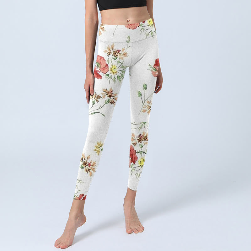Leggings sportivi con stampa di fiori rossi e margherite bianche Buddha Stones Pantaloni da yoga da donna - image 6