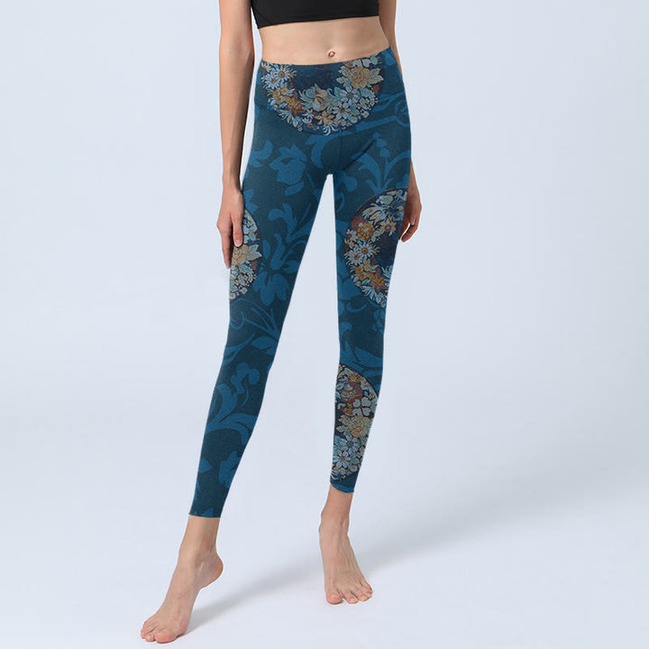 Leggings sportivi con stampa di fiori blu scuro Buddha Stones In Bloom, pantaloni da yoga da donna - image 5
