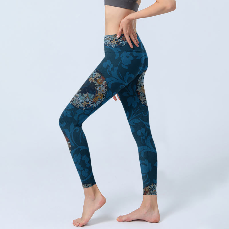 Leggings sportivi con stampa di fiori blu scuro Buddha Stones In Bloom, pantaloni da yoga da donna - image 3