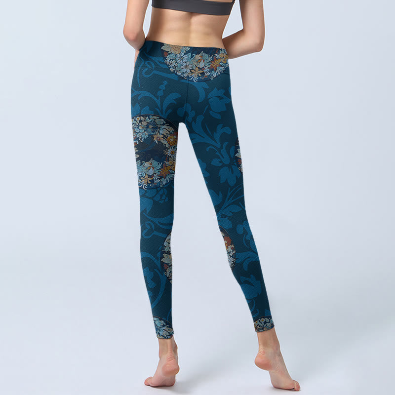 Leggings sportivi con stampa di fiori blu scuro Buddha Stones In Bloom, pantaloni da yoga da donna - image 6