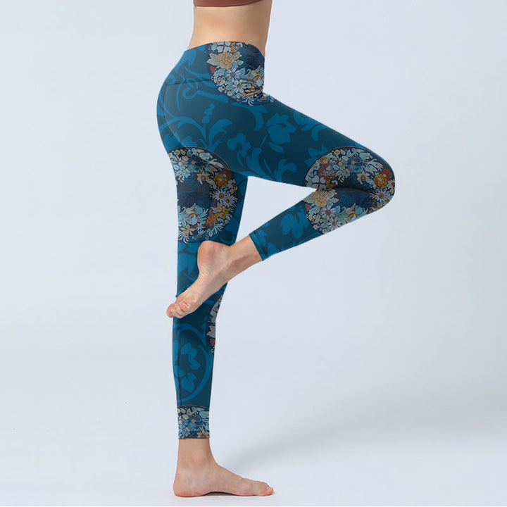 Leggings sportivi con stampa di fiori blu scuro Buddha Stones In Bloom, pantaloni da yoga da donna - image 4
